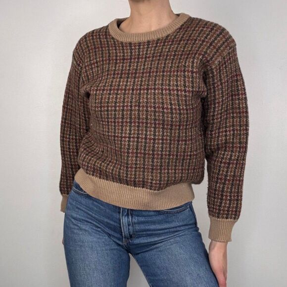 Vintage Wool Houndstooth Sweater | Brown Plaid Pullover, Made in Hong Kong - Picture 1 of 9